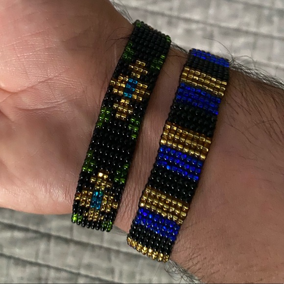 Black Gold and Green Seed Bead Bracelet ( Pair ) - Picture 4 of 7